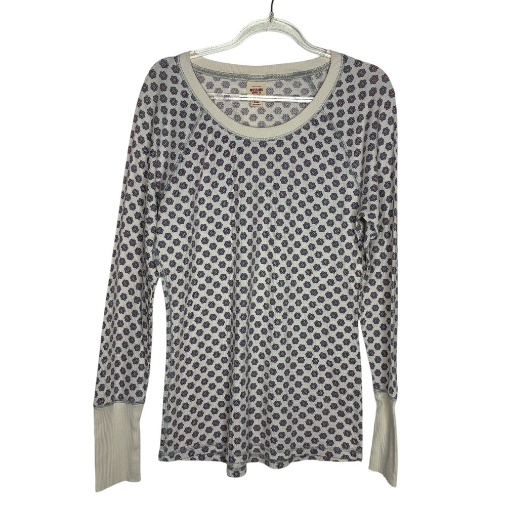 Mossimo Womens XXL Floral Thermal‎ Top Waffle Knit Cream Blue Cabincore Vermont